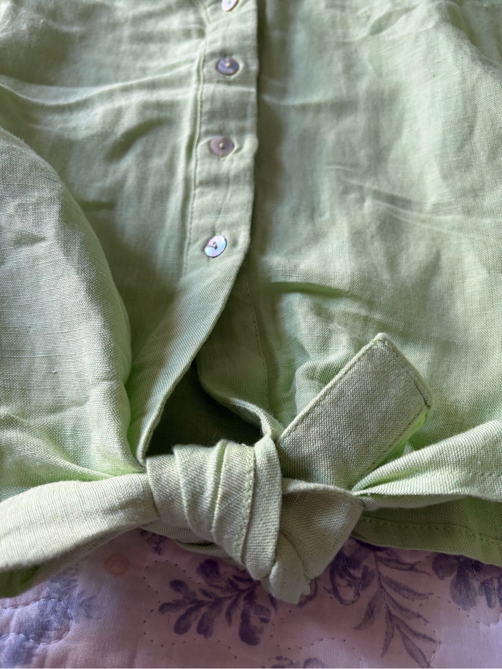 Boston Proper Women’s Small Lime Green Button/Tie Front Linen Top flared sleeves - Picture 6 of 12